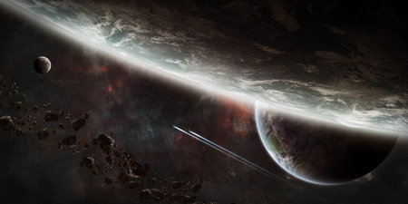 View of a sunrise on a distant planet system in space