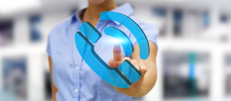 Businessman holding blue phone icon in his hand