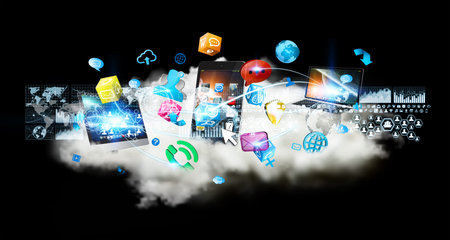Cloud connecting tech devices and icons applications with each other