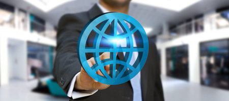 Businessman using digital internet icon to surf on the web