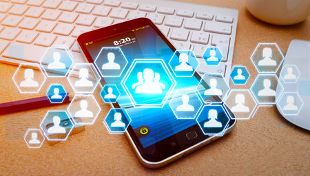 Social network blue avatar connected to each other in modern office