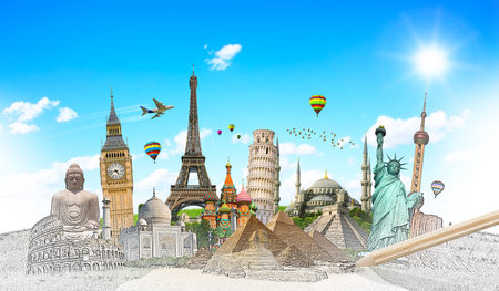 Famous landmarks of the world with hand-drawn effect