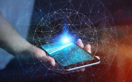 Businesswoman in office using digital data network with his mobile phone