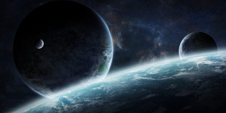 View of a sunrise on a distant planet system in space