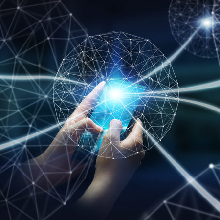 Businesswoman in office using digital data network with his mobile phoneの写真素材