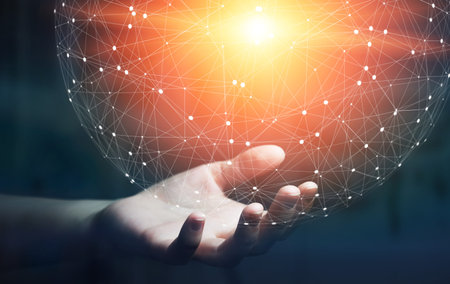 Businesswoman in office touching digital data network with his fingers