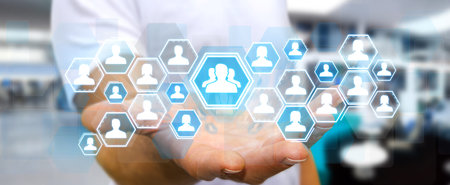 Businessman using digital social network interface