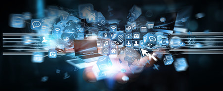 Businessman connecting icons applications to each others