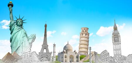 Famous landmarks of the world with hand-drawn effectの写真素材