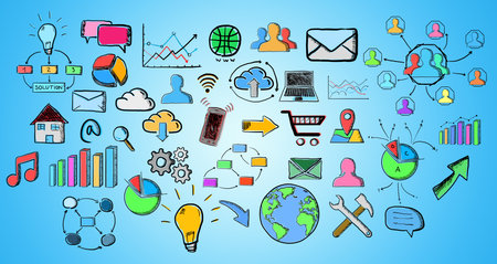Hand drawn web icons collection on blue background