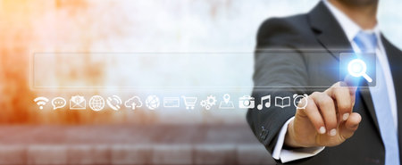Man using tactile interface web address bar to surf on internet