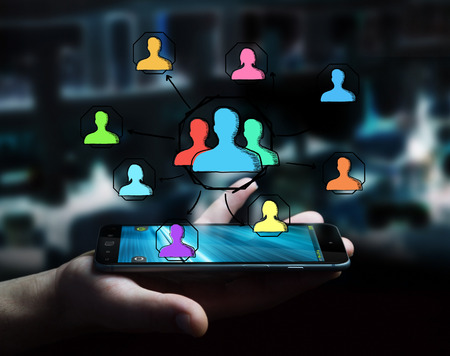 Businessman using hand drawn social network interfaceの写真素材