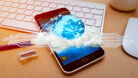 World over a cloud with modern connections in office