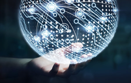 Businesswoman in office touching digital data network with his fingers