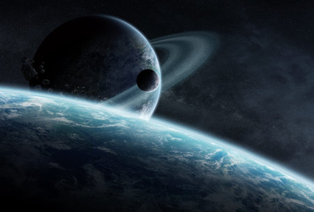 View of a sunrise on a distant planet system in space