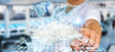 World over a cloud with connections and modern icons in businessman hand