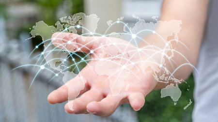 Businessman holding global network and data exchanges over the world ‘3D rendering’