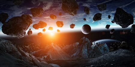 Gigantic asteroids in space about to crash on planet earth 3D rendering elements of this image furnished by NASAの写真素材