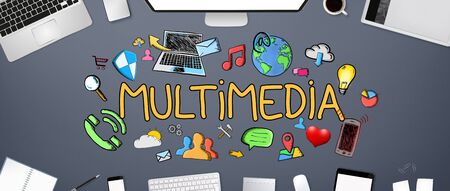 Hand-drawn multimedia icons connected to each other on office backgroundの写真素材