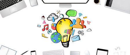Hand drawn lightbulb and multimedia icons on office background