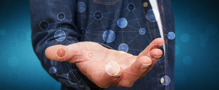 Businessman on blurred background holding circle digital data network in his hand 3D rendering