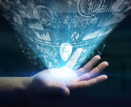Businessman using digital graph interface with his hand