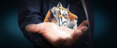 Person holding in his hand fractal endangered tinger illustration 3D renderingの写真素材