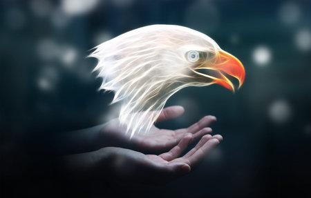 Person holding in his hand fractal endangered eagle illustration 3D rendering