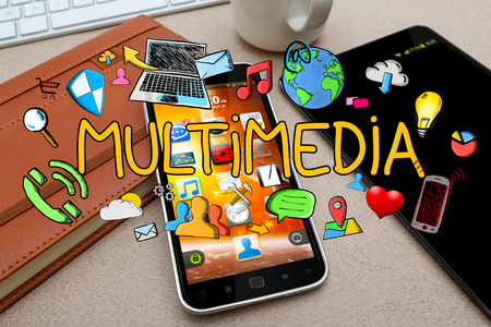 Hand-drawn multimedia icons connected to each other on office backgroundの写真素材