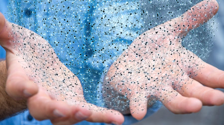 Businessman on blurred background holding 3D rendering data network sphere in his hand