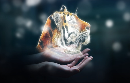 Person holding in his hand fractal endangered tinger illustration 3D renderingの写真素材