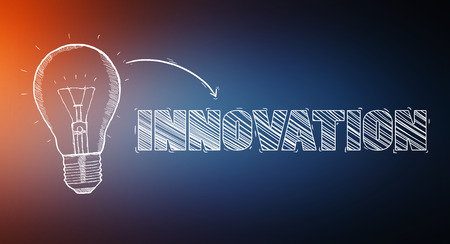 Hand-drawn lightbulb innovation concept on blue backgroundの写真素材