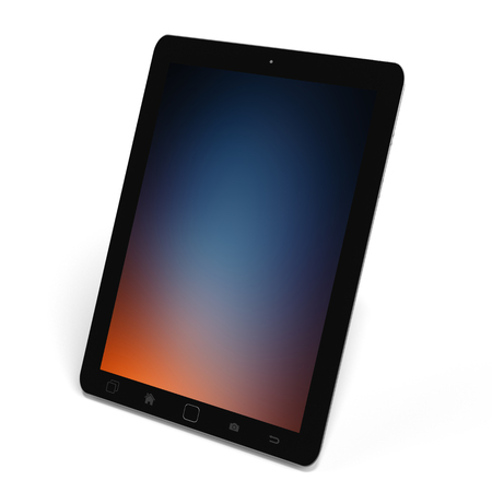 Modern digital black tablet on white background with blue screen 3D renderingの写真素材