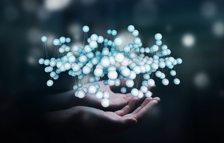 Businessman holding abstract connection interface with lines and dots 3D renderingの写真素材