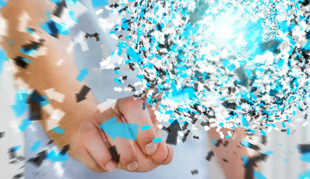 Businessman on blurred background touching 3D rendering data network sphere with his fingersの写真素材