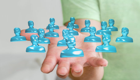 Businessman on blurred background holding shiny glass avatar group 3D rendering