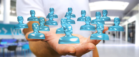 Businessman on blurred background holding shiny glass avatar group 3D renderingの写真素材