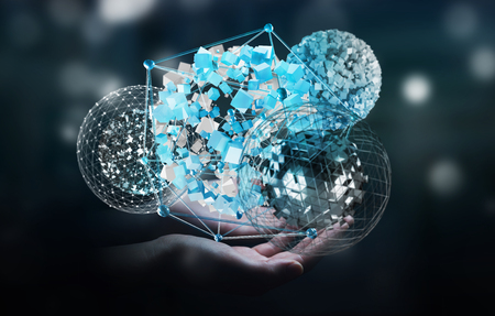 Businessman on blurred background touching flying abstract sphere with shiny cube 3D renderingの写真素材