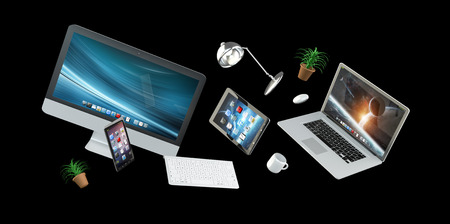 3D rendering flying workplace with laptop phone and tablet on black backgroundの写真素材