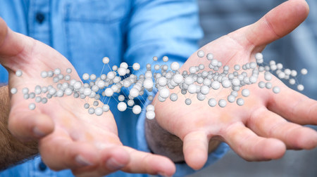 Businessman holding abstract connection interface with lines and dots 3D renderingの写真素材