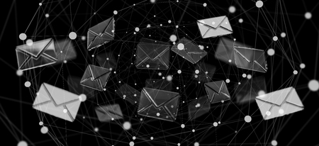 3D rendering flying email icon and web flying on black backgroundの写真素材