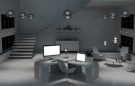Modern dark office interior with desk computer and digital devices 3D rendering