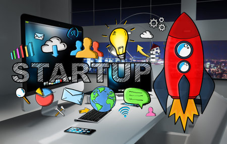 Office with modern devices and hand drawn startup presentation 3D rendering