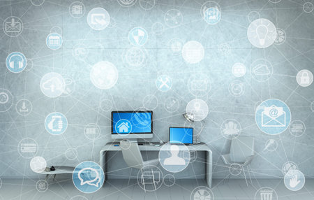 Office with modern devices and hand drawn multimedia presentation 3D rendering