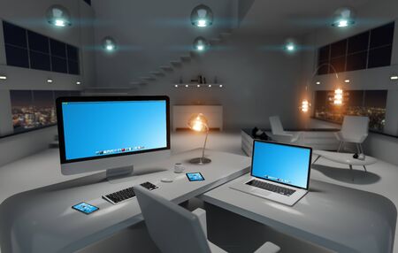 Modern dark office interior with desk computer and digital devices 3D renderingの写真素材