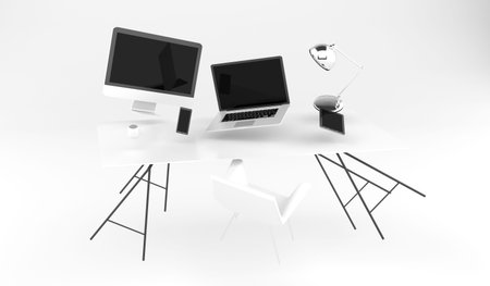 3D rendering flying workplace with laptop phone and tablet on white background