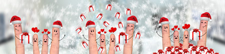 Happy finger family celebrating christmas on white backgroundの写真素材