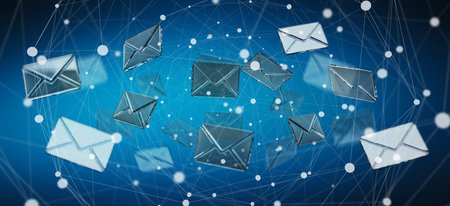 3D rendering flying email icon and web flying on blue background