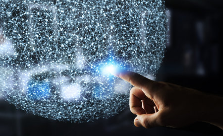 Businessman on blurred background touching 3D rendering data network sphere with his fingers