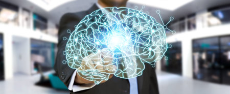 Businessman touching x-ray human brain with cell and neurons activity